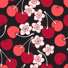 Fototapeta premium Seamless pattern with cherry blossoms and berries on a black background.