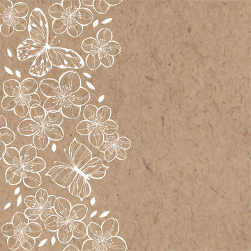 Sakura flowers and butterflies. Spring illustration with place for text on kraft paper.Vertical composition. Greeting card, invitation or isolated elements for design.