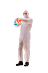 Chemist working with poisonous substances isolated on white back