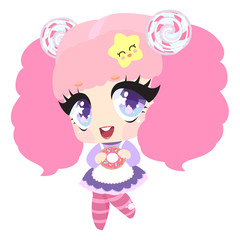 Baby girl with donut. Sweet children's character.