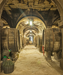 Old wooden barrels with wine in a wine vault