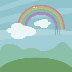 rainbow vector beautiful cartoon with a cloud on a background of a blue sky, hills and a green meadow illustration