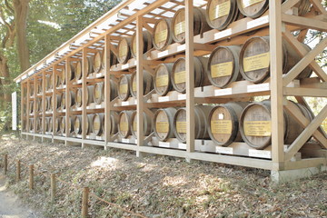 Obraz premium Wooden barrels of wine from Provenance of the Bourgogne (Burgundy) for consecration at the Meiji Shrine in Shibuya, Tokyo, Japan