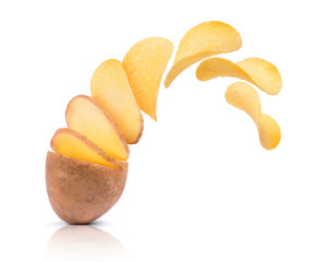 Potato slices turn into chips on white background