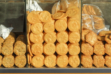 'Senbei' Tradition japanese crispy rice crackers desserts display in showcase