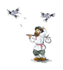 A Russian peasant in a folk shirt, bast shoes and anucci and truhe, with a bundle on a stick, winks thoughtfully in the back of his neck. Two crows are flying in the sky. Isolated on white background