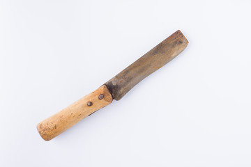 broken old knife with wooden handle on white background with wooden handle on white background