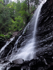 Waterfall at the carpatian mountains at the green rainy pine forest