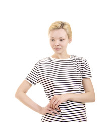 Young woman in striped tee shirt.