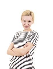 Young woman in striped tee shirt.