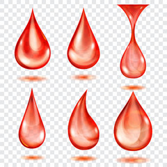 Obraz premium Set of translucent drops in red colors, isolated on transparent background. Transparency only in vector format