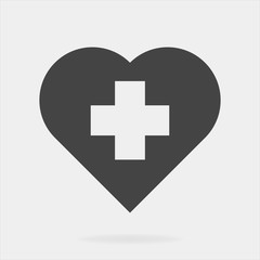Vector icon of the cross in the heart on a gray background. Vector illustration of medicine on health care