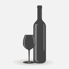 Vector icon of a glass and bottle. Dark bottle and glass goblet symbol