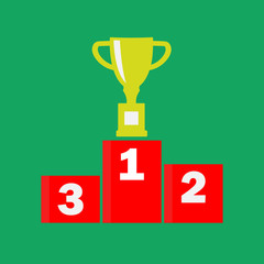 Vector color illustration of a winner's podium with a cup standing in the first place. The winner's cup and the winner's podium with the first and third places.