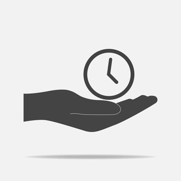 Vector icon of a hand holding a clock. Flat hand design and watch.