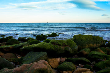 Fototapeta na wymiar Beach. Sunset on a stone beach in Estepona.