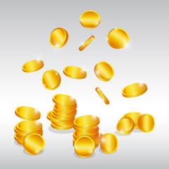 Naklejka na ściany i meble Pile of golden coins. Falling money, flying gold coins. Realistic Gold coins.