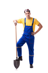 Contractor in blue coveralls with spade on white background