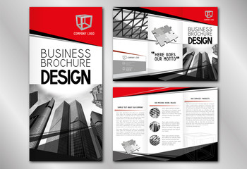 Business trifold brochure template (A4 to DL format) - modern office buildings/ skyscrapers, red graphics.