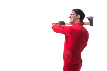 Contractor employee with axe on white background