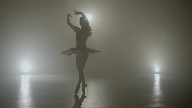 Young skinny graceful ballerina dancing on a dark stage as part of the audition for an a show