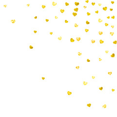 Heart confetti background with gold glitter. Valentines day. Vector frame. Hand drawn texture. Love theme for party invite, retail offer and ad. Wedding and bridal template with heart confetti.