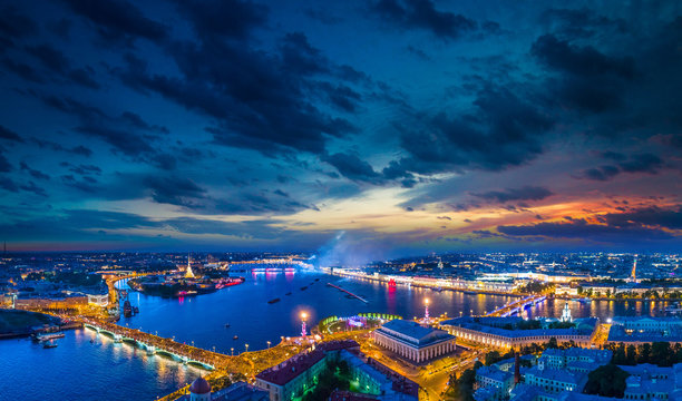 Panorama of St. Petersburg. Night view of the city of Petersburg. Architecture of Russia. Panorama of Russian cities. Peter. The Palace Bridge. Bridges of Petersburg. Russian Federation.
