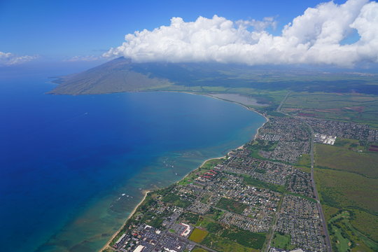 Aerial view of the Pacific Ocean coast in the Kihei area, Kealia Pond and Maalaea Bay in Maui, Hawaii