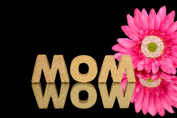 word mom and wow in black mirror reflection with bright pink gerbera daisy