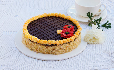 shortcrust pastry cake with butter cream and chocolate
