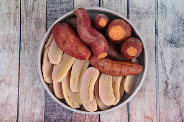 Ready served boiled sweet potato and banana on korean style dish
