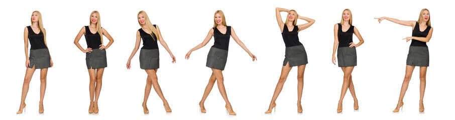 Fototapeta premium Blond hair model wearing gray skirt isolated on white