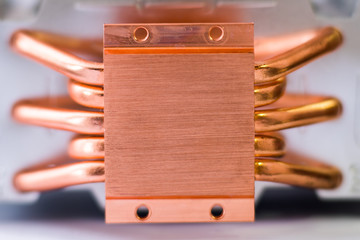 Concept of air cooling of the central processor of a computer Aluminum radiator with copper heat...