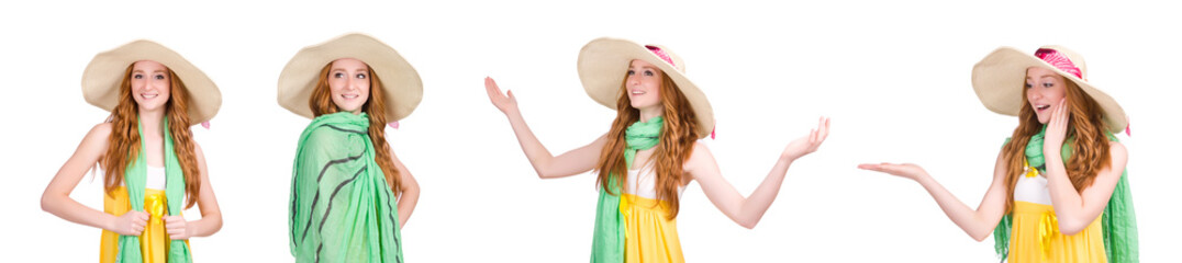 Young woman in yellow summer dress isolated on white