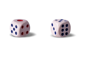 Couple of dice on white background, isolated, closeup.