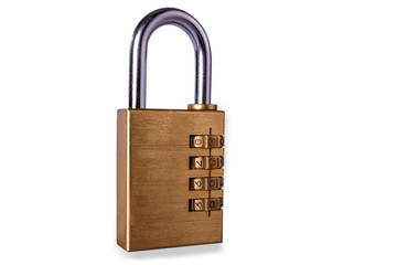 Closed numeric code metal lock on white background.