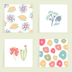 Set of square cards. Hand drawn creative abstract flowers. Floral design. Colorful artistic backgrounds with blossom. It can be used for invitation, message, postcard, cover. Vector, eps10