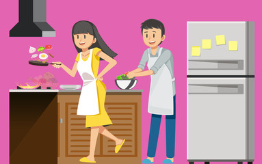 First cooking fun. Happiness of love. Couples are preparing food in their daily lives cheerfully. Good teamwork within the family.
