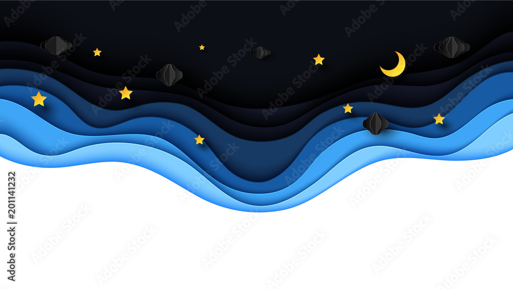 Poster night scenery with clouds,stars and crescent moon on midnight sky background paper art style design.
