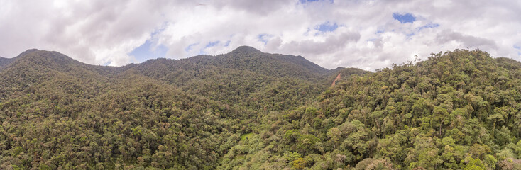 Aerial panorama of montane rainforest in the Cordillera del Condor on the border of Ecuador with Peru. This pristine mountain range is a site of exceptional plant and animal biodiversity.