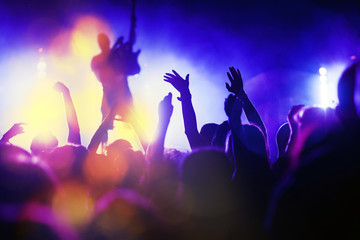 crowd with raised hands at concert - summer music festival