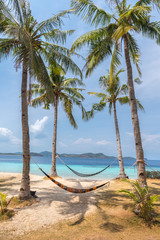 View of hammocks on tropical beach on the Banana island, Palawan, Philippines. Beautiful tropical island with sand beach, palm trees. Travel concept