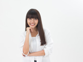 Cute and smart  young Thai girl smiling and put white shirt in relax lifestyle isolates on white background