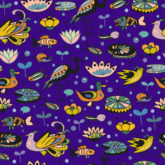 Vector seamless pattern with lotus flowers,birds and fishes. Pond illustration	