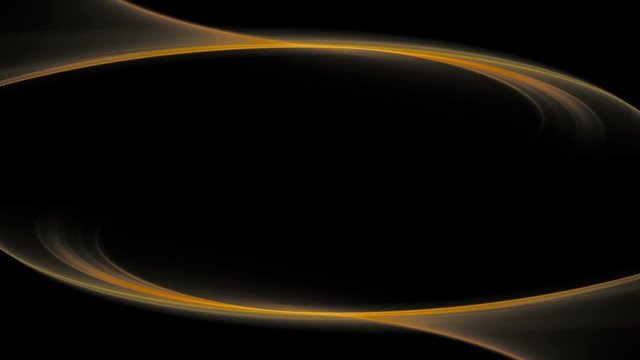 Golden lines in circular motion, mirroring and forming elegant frame.  Wavy flowing energy on black background with copy space. Animation, abstract illustration, seamless loop