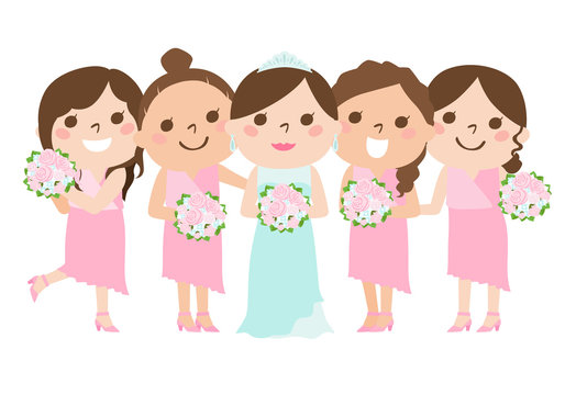 花嫁の結婚式を笑顔で祝う友人のブライズメイドたちのイラスト