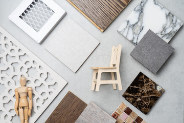 samples of material, wood , on concrete table.Interior design select material for idea.