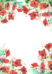Watercolor red poppy flowers, wildflowers. Painting, hand drawing, paint splash. Beautiful vintage card, invitation, announcement, frame with place for text. 