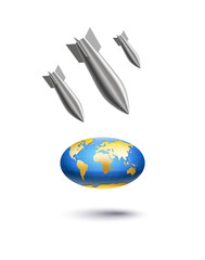 realistic stylized aerial bomb falls on planet globe