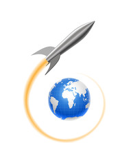 realistic stylized cartoon metal rocket takes off from planet earth globe and flies around